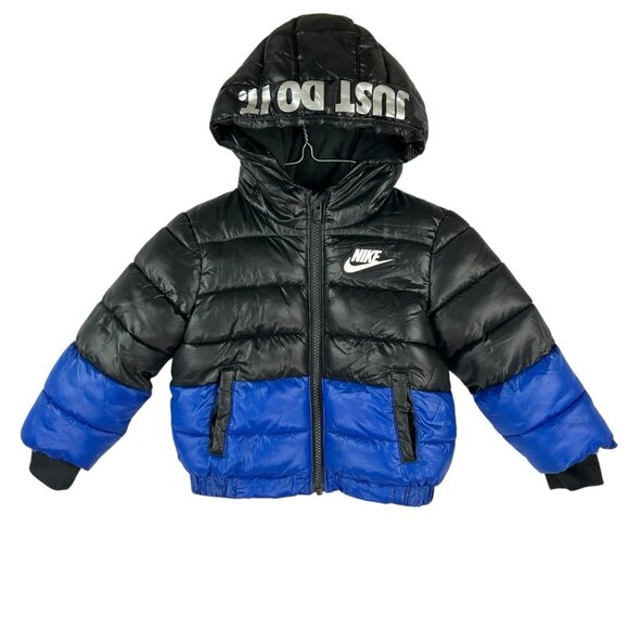 NIKE Just do it Toddler Black Blue Puffer Hooded Jacket Size 18 Months Full Zip - Picture 1 of 12